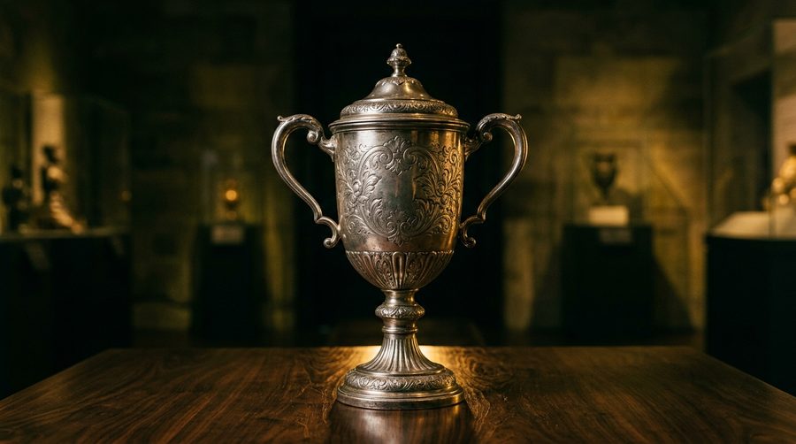 Piala perak klasik berdiri di atas meja kayu dengan cahaya keemasan redup di ruangan gelap