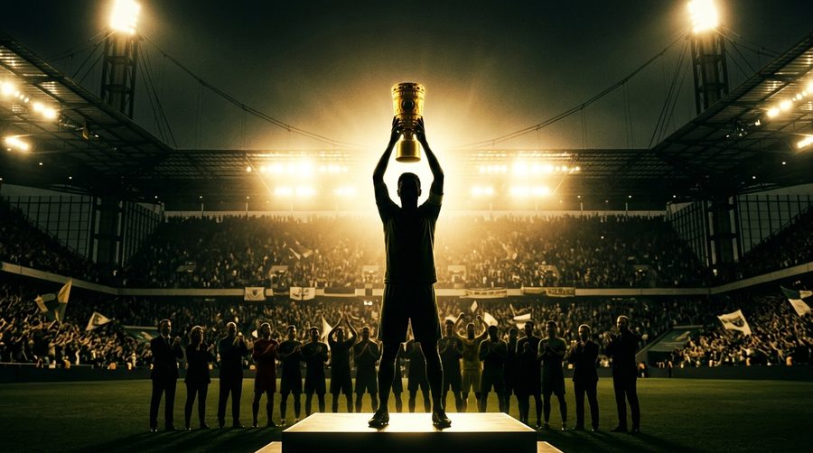 Siluet pemain sepak bola mengangkat piala ke udara dengan cahaya keemasan dari belakang