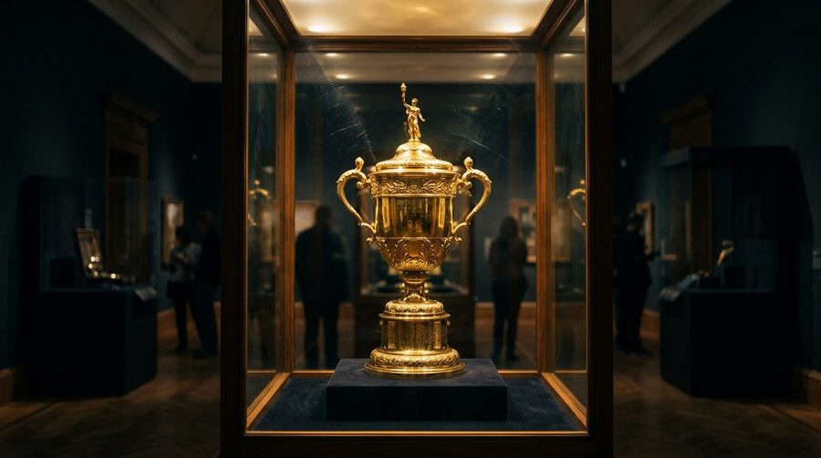 Piala dipajang di dalam lemari kaca museum dengan pantulan cahaya keemasan redup